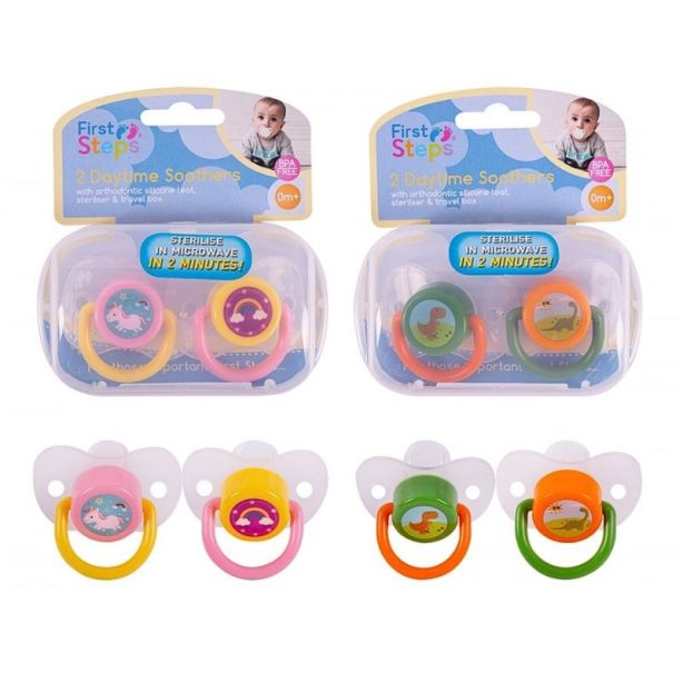 First Steps Daytime Soothers With Steriliser Box (2PK) - Assorted