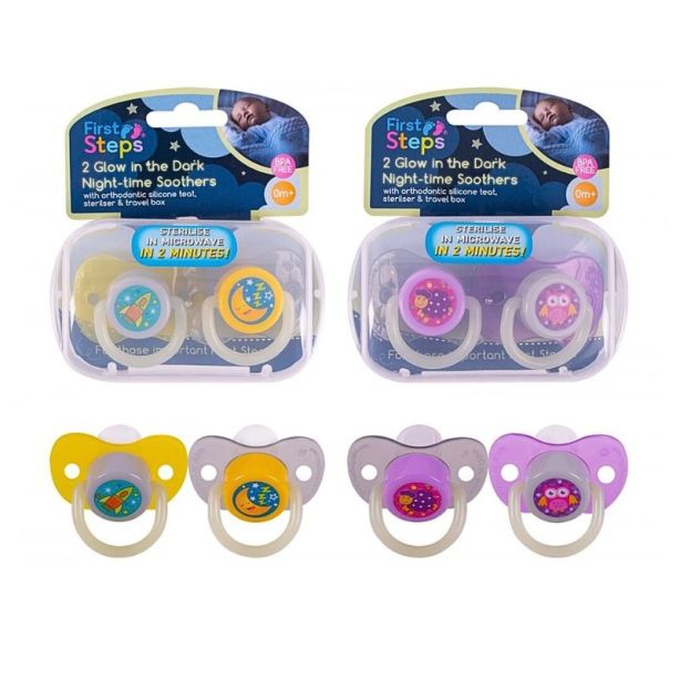 First Steps Night-Time Soothers With Steriliser Box (2PK) - Assorted