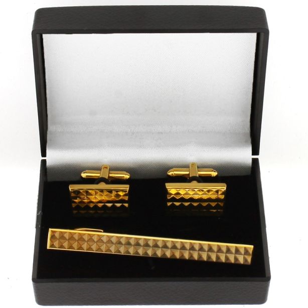 Gents Gold Tie Clip & Cufflinks Set- Diamond Cut Design