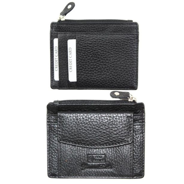 Genuine Leather RFID Zip Wallet - Black 