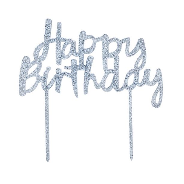 "Happy Birthday" Acrylic Glitter Cake Topper - Silver