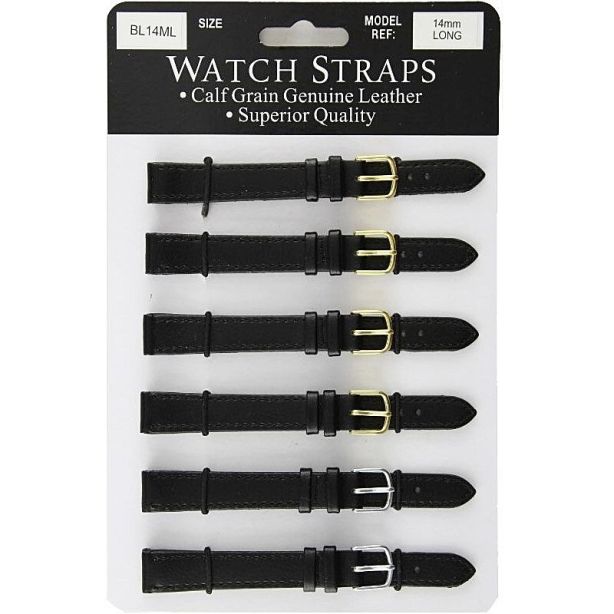 Calf Grain Leather Black Long Watch Straps - Asst. Buckles - 14mmBL14ML