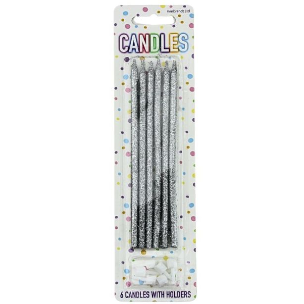  Glitter Silver Tall Party Candles with Holders (14cm)