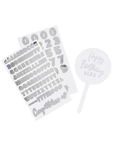 Personalise Acrylic Cake Topper with two Silver sticker sheets