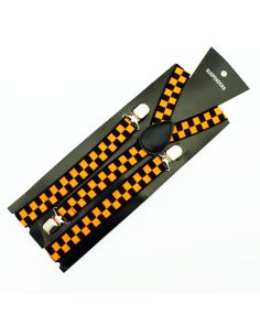 Printed Fashion Braces - Neon Orange & Black Chequered Design