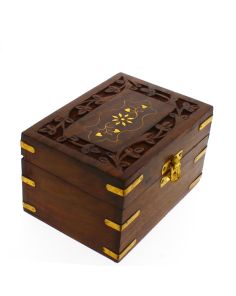 Sectioned Carved Wooden Storage Box For 6 Essential Oils- Brass Inlay