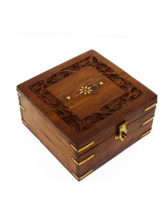 Sectioned Carved Wooden Storage Box For 9 Essential Oils 14x14x8cm