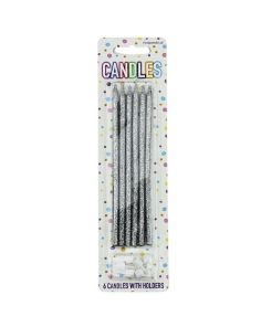  Glitter Silver Tall Party Candles with Holders (14cm)